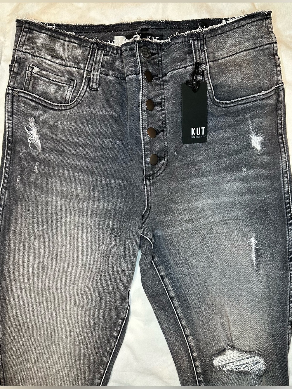 KUT From The Kloth Connie Fab Ab High Rise Skinny Jeans Gray Distressed 12 NWT